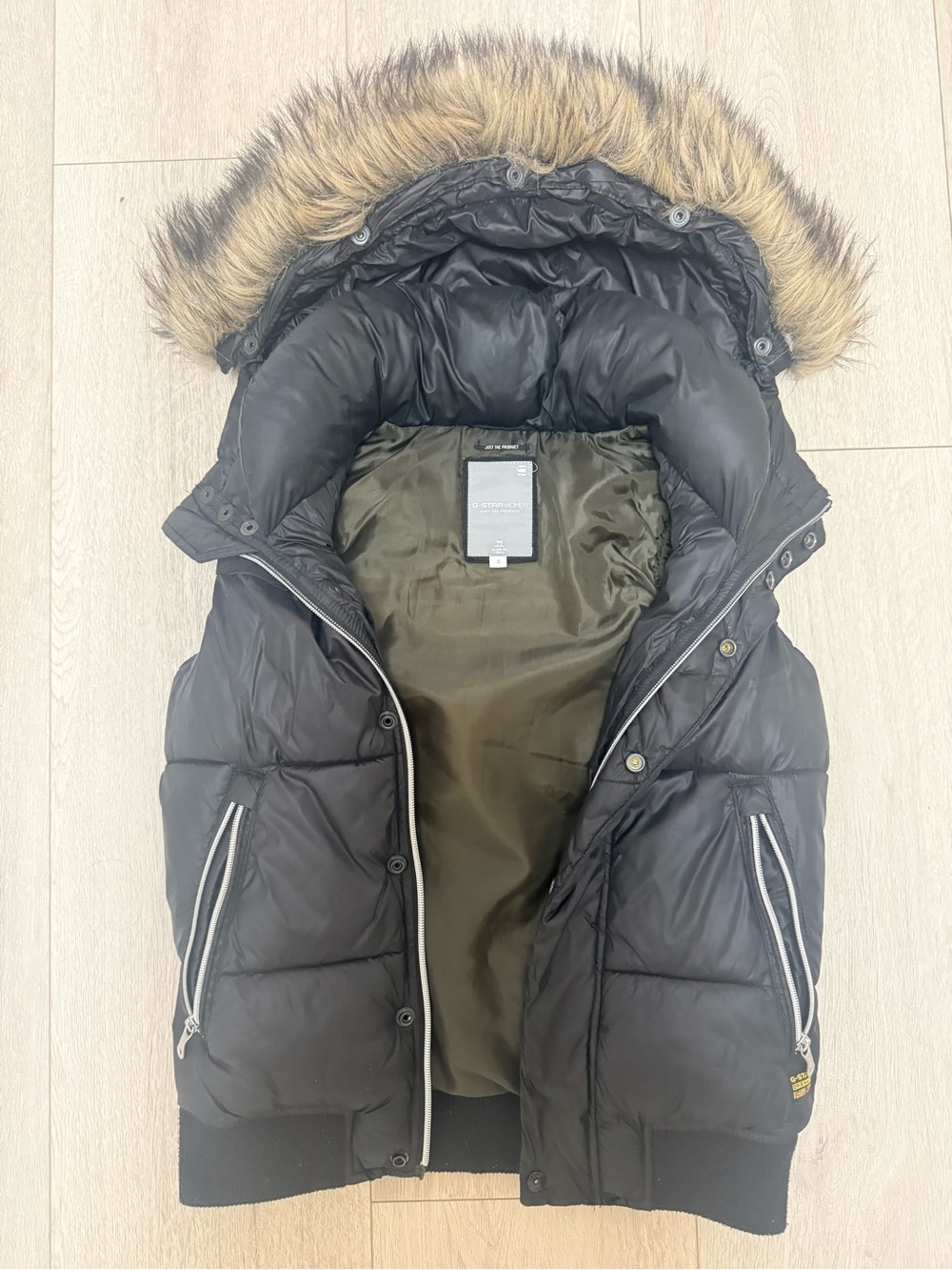 G-Star Black Puffer Coat with Faux Fur Hood Trim